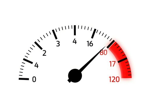A fuel gauge with a black dial and red indicator isolated on white background