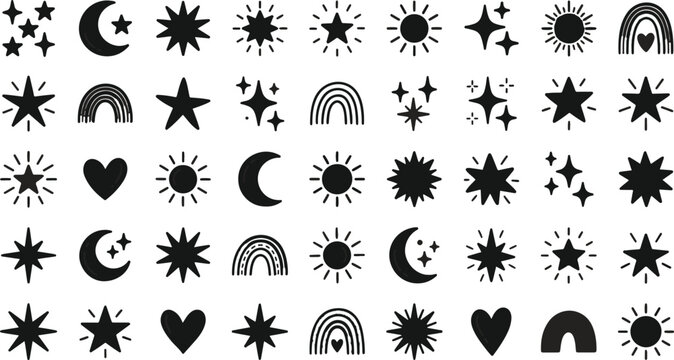 Numerous small black icons depict moons, stars, suns hearts and rainbows in a repeating pattern.