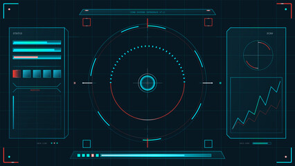 Futuristic dark blue interface with glowing neon elements and data visualization displays © AVRIX