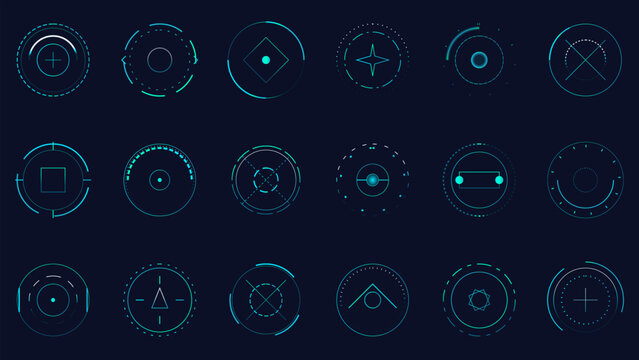 Futuristic heads-up display elements and target scopes for UI design and technology