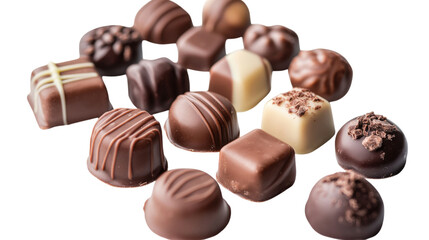 Large group of gourmet chocolate truffles and pralines scattered on checkerboard background