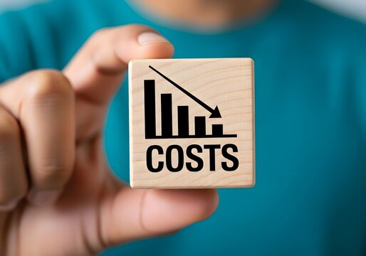 Person holding wooden cube with cost reduction graph and the word costs on a teal background