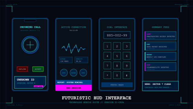 Futuristic dark blue user interface with digital data screens and communication panels