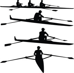 Rowing Team and Single Sculler Silhouettes Set with Competitive Water Sports Action, Canoe and Row Boat Athletes Vector Illustration Isolated on White BackgroundRowing Team and Single © All in one