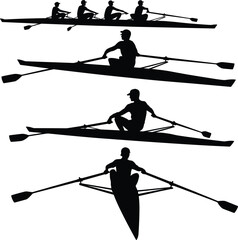 Rowing Athlete Silhouettes Set with Team Crew and Single Sculler Boats, Competitive Water Sports Racing Action Vector Illustration Isolated on White Background © All in one