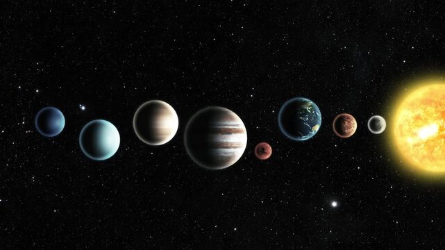 Realistic 3d Animation of the solar system with planets aligned in a row