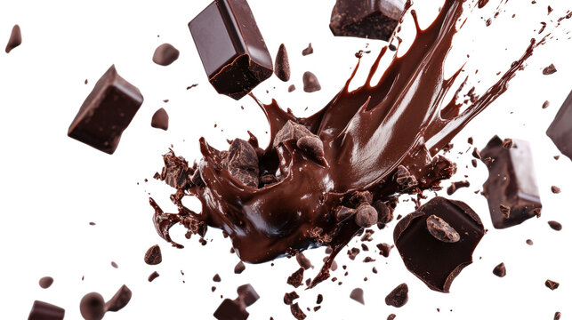 Chocolate splash with chocolate pieces and chunks falling on transparent background