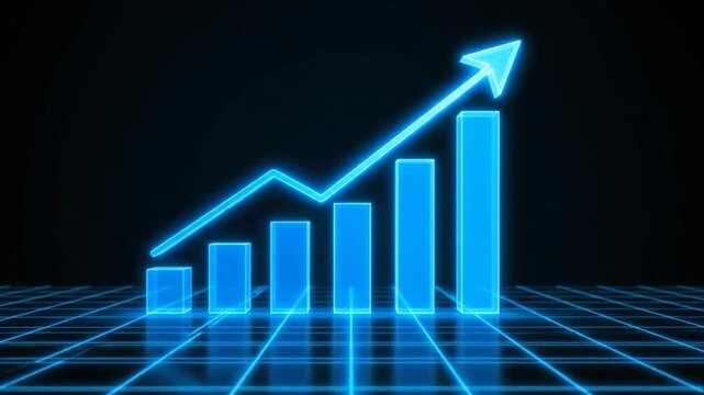A glowing blue bar graph with an upward trend line on a grid, against a dark backdrop