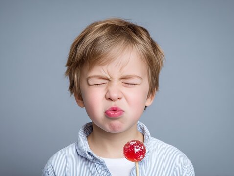 studio photo of a child grimacing after licking a sour lollipop