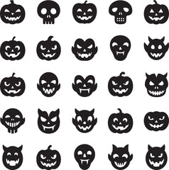 Fototapeta premium Collection of black Halloween pumpkin and skull with various spooky faces also transparent background