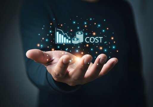 A hand holding a digital display of a cost reduction graph and coins with glowing particles around it