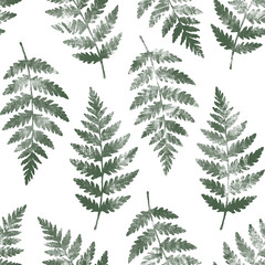 Watercolor seamless pattern with fern leaves in natural green tones on a white background. Ideal for textiles, wallpapers, packaging, stationery, and nature-inspired designs.