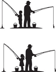 Silhouette of father and child fishing together with buckets on white background also transparent background