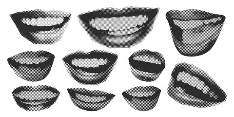 Vintage halftone lip set. Retro pop art mouth collection in distressed dot pattern style for edgy urban designs and grainy streetwear graphics.
