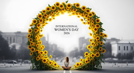 International Women Day 2026 Sitting Road Sunflower Circle Background Nature City Empowerment Peace Freedom Growth Success Inspiration Equality Vision