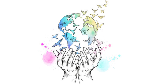 Hand holding planet earth bird dove peace world freedom environment nature globe harmony unity protection flying watercolor
