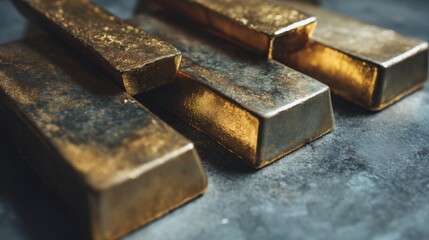 Close-Up View of Gold Bullion Bars Stacked on a Dark Surface with Light Reflection for Financial and Investment Themes