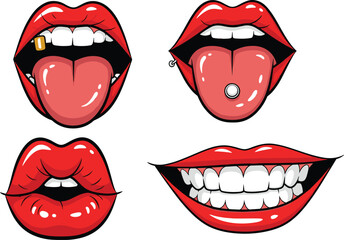 Cartoon red lips expressions, mouth with gold tooth, tongue piercing, lip ring, smile, emotions, personality, accessories – flat vector illustration © MD AMINUR