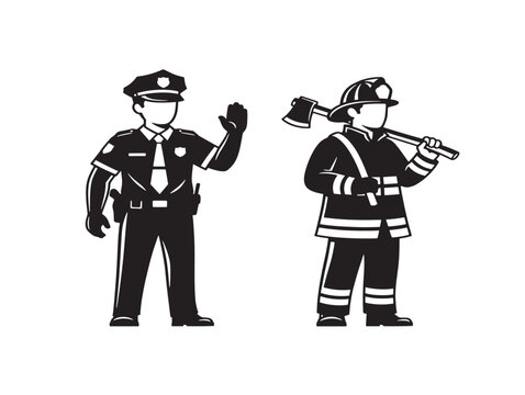 Police firefighter silhouette icons for brave first responder and rescue concepts