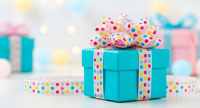 Bright turquoise gift box with multicolored polka dot ribbon on white surface