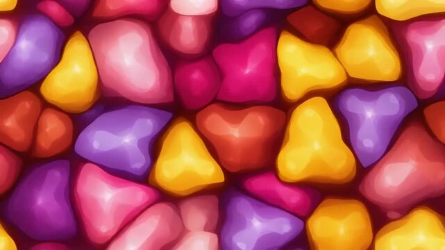 A vibrant close-up of colorful, abstract, gemstone-like shapes in a seamless repeating pattern