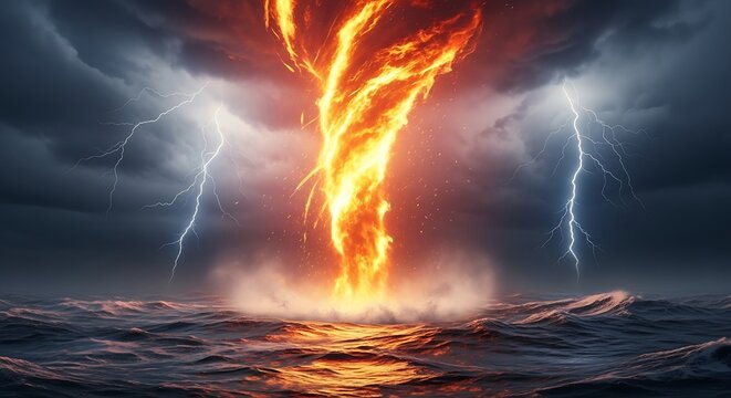 Intense fiery cyclone erupts from turbulent ocean waters amidst a dramatic lightning storm