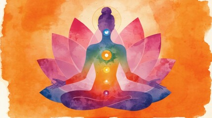 Illustrazione artistica dei sette chakra e aura umana luminosa