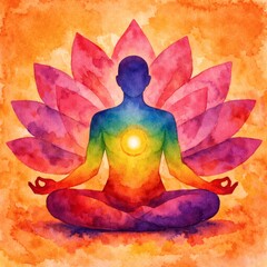 Meditazione yoga con chakra allineati in stile acquerello artistico