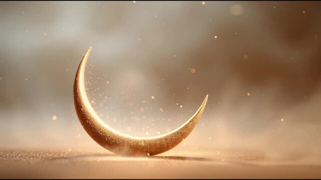 Ethereal golden crescent moon resting gently on softly illuminated sands, surrounded by shimmering particles that evoke a magical, animated glow, perfect for celestial themes and spiritual reflection