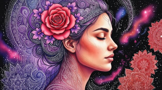 Ritratto fantasy di donna con rosa rossa e sfondo cosmico
