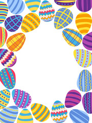 A framed poster with brightly colored Easter eggs. Banner, poster, or greeting card with the inscription.