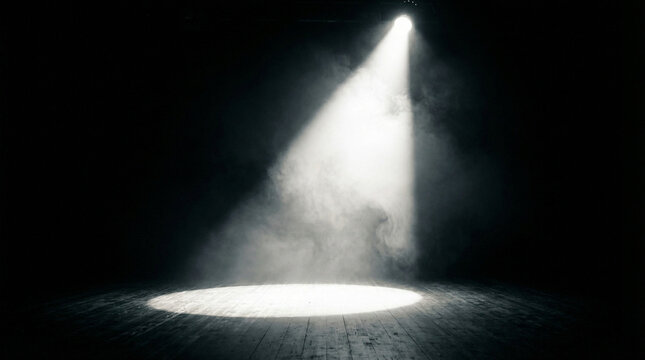 Spotlight illuminating empty stage with smoke on wooden floor  