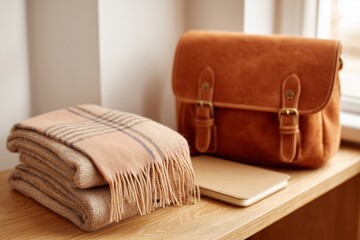 Stack of warm plaid blanket and knitted sweater with brown leather bag and notebook on wooden shelf. Cozy autumn poetry reading.