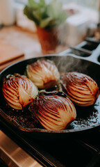 Red onions cooking in cast iron skillet on stove. Healthy home cooked meal concept. Roasted onion for dinner.