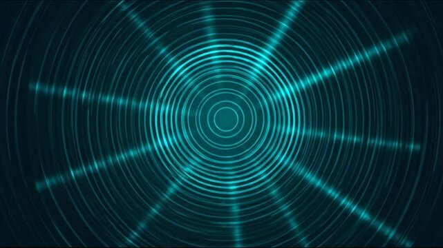 A circular abstract design with teal light rays emitting from a central point