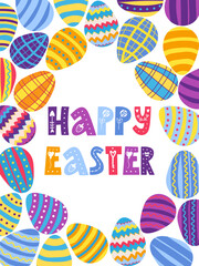 A framed poster with brightly colored Easter eggs. Banner, poster, or greeting card with the inscription.