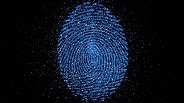 A glowing blue fingerprint pattern against a black background with scattered light