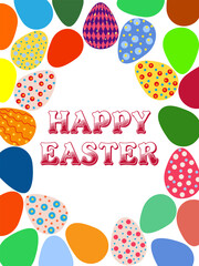 A framed poster with brightly colored Easter eggs. Banner, poster, or greeting card with the inscription.