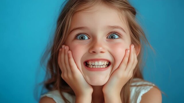 A young girl with brown hair and a big smile. She is holding her hands up to her face
