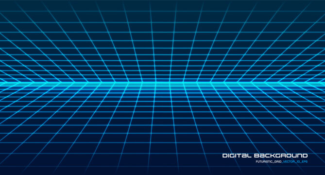 Perspective wireframe floor with neon blue lines forms a retro 80s game background, featuring glowing cyberpunk grid patterns that create immersive digital depth and dimension