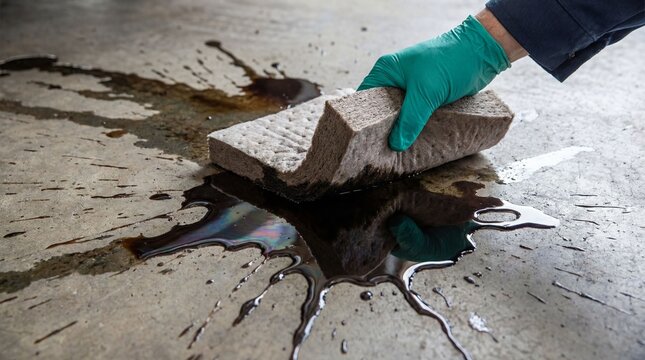 Worker cleans dark oil spill from concrete floor using an absorbent pad