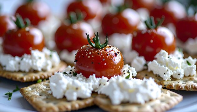 Canap&eacute;s mediterr&aacute;neos con queso crema, tomates cherry y hierbas frescas
