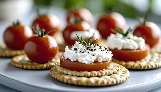 Canap&eacute;s gourmet con queso crema y tomates cherry sobre galletas saladas
