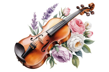 Fototapeta premium Romantic Violin and Floral Arrangement Watercolor Vector Isolated on Transparent Background