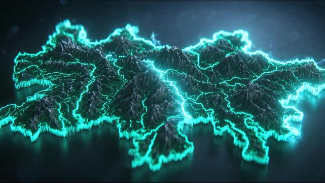 Glowing topographical map displaying land features with electric turquoise contours. Dark background. Perspective view