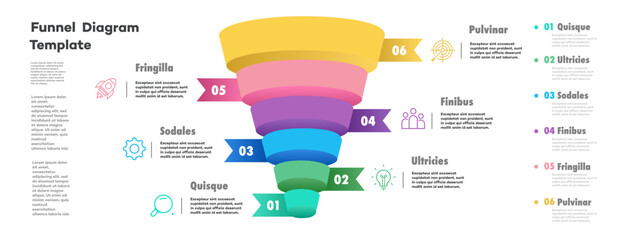 Naklejka na ściany i meble Funnel infographic 6 step 3d isometric for business strategy, start up project, presentation, sale, theory basic operation, logic analysis