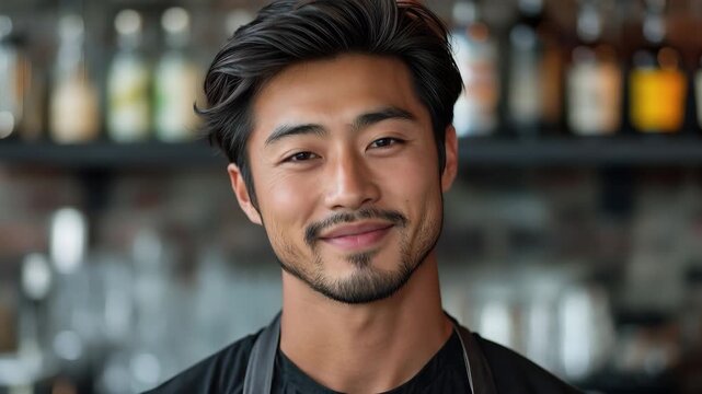 Asian man working as a barista in a cozy cafe environment, showcasing professional demeanor and friendly smile during busy afternoon hours