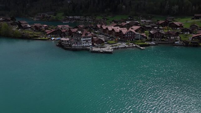 Aerial Drone View of Iseltwald Village on Lake Brienz, Switzerland