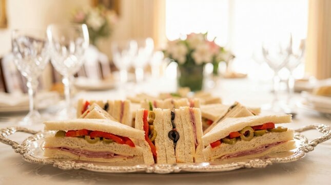 S&aacute;nguches de miga arranged on silver platter for refined tea table setting