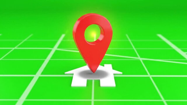 3D Map Pointer Dropping on House Icon Green Screen